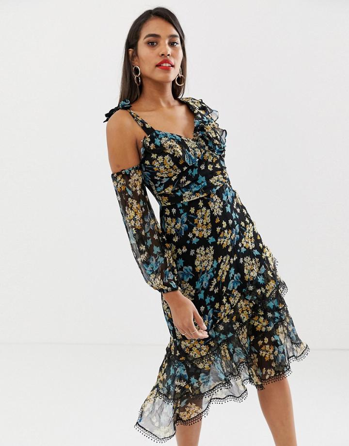 Talulah Stormy Dawn Asymmetric Floral Dress-black