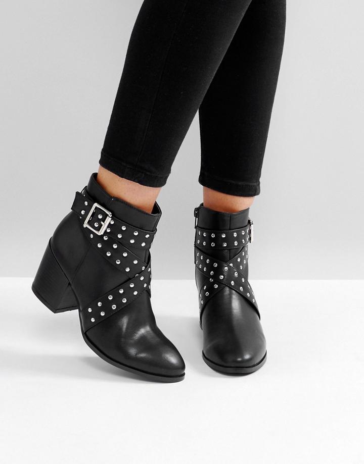 London Rebel Stud Wrap Buckle Boots - Black