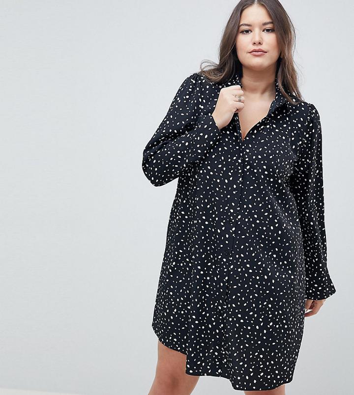 Asos Design Curve Long Sleeve Mini Shirt Dress In Scatter Spot - Multi