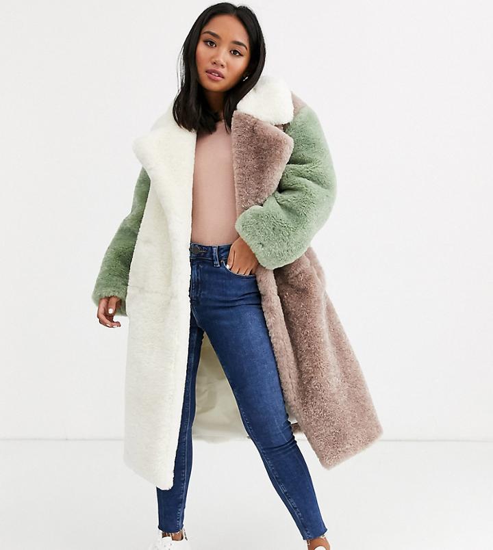 Asos Design Petite Pastel Borg Patched Maxi Coat-multi