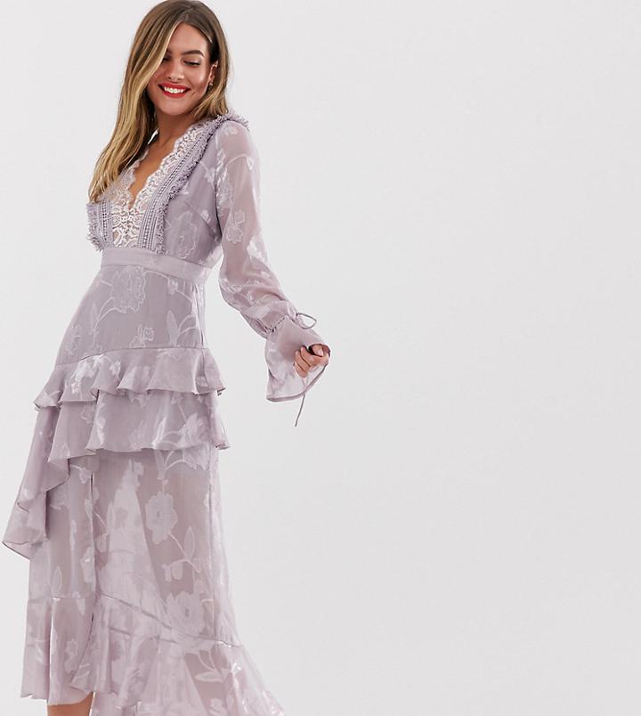 Dark Pink Plunge Front Midi Dress With Frill Detail In Lilac - Purple