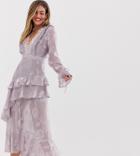 Dark Pink Plunge Front Midi Dress With Frill Detail In Lilac - Purple