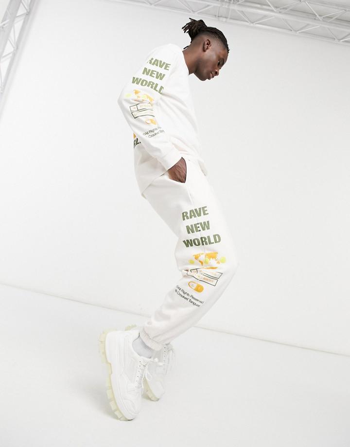 Crooked Tongues Set Oversized Sweatpants With New World Rave Print In Ecru-neutral