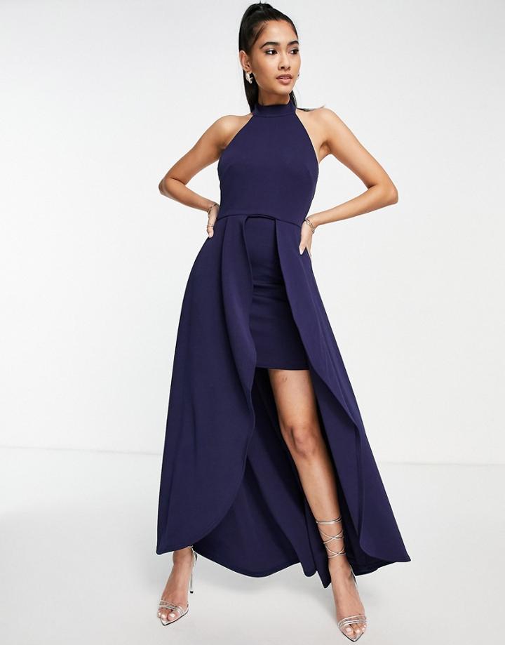 True Violet High Neck High Low Midi Dress In Navy-blue