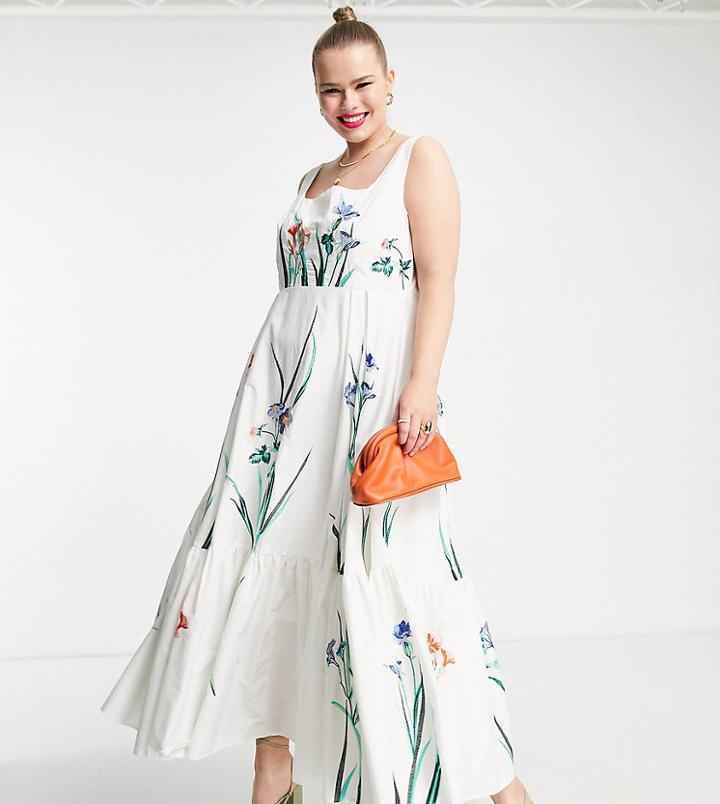 Asos Edition Curve Square Neck Cotton Floral Maxi Dress In White