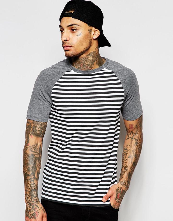 Asos Muscle T-shirt With Stripe And Contrast Raglan Sleeves In Charcoal