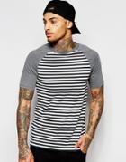 Asos Muscle T-shirt With Stripe And Contrast Raglan Sleeves In Charcoal