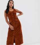 Asos Design Petite Cord Midi Dress In Conker-brown