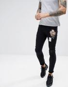 Religion Skinny Fit Biker Jeans In Black With Skeleton Patches - Black
