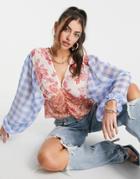 Asos Design Sheer Mixed Print Blouse With Ruching Detail-multi