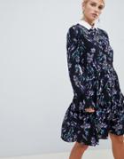 Closet London Long Sleeve Printed Skater Dress With Contrast Collar - Blue