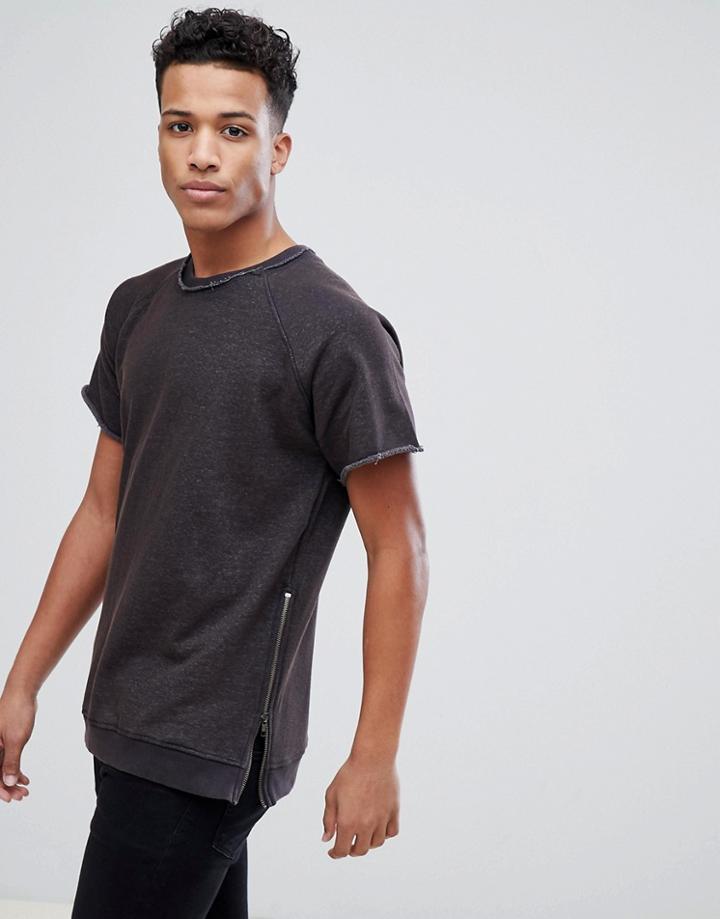 Brave Soul Jersey Washed Short Sleeve Sweat With Zide Zips - Gray