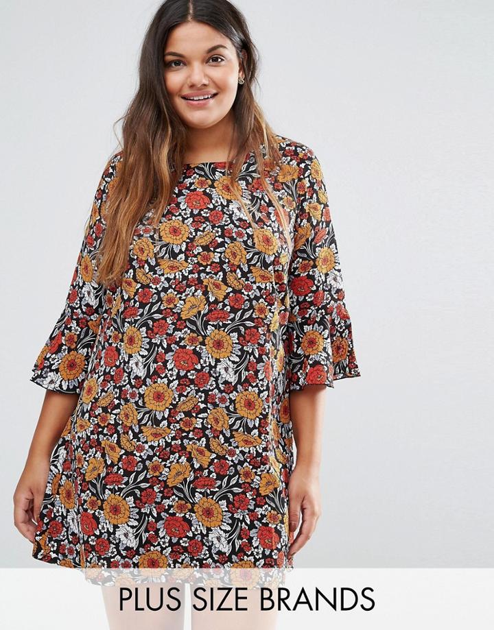 Yumi Plus Shift Dress With Frill Sleeves In Floral Print - Red