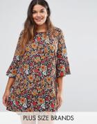 Yumi Plus Shift Dress With Frill Sleeves In Floral Print - Red