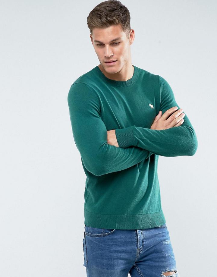 Abercrombie & Fitch Crew Neck Sweater Fine Gauge Icon Logo In Green - Green