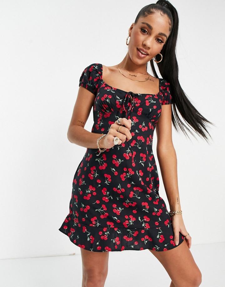 Motel Mini Tea Dress With Ruched Bust In Cherry Print-black