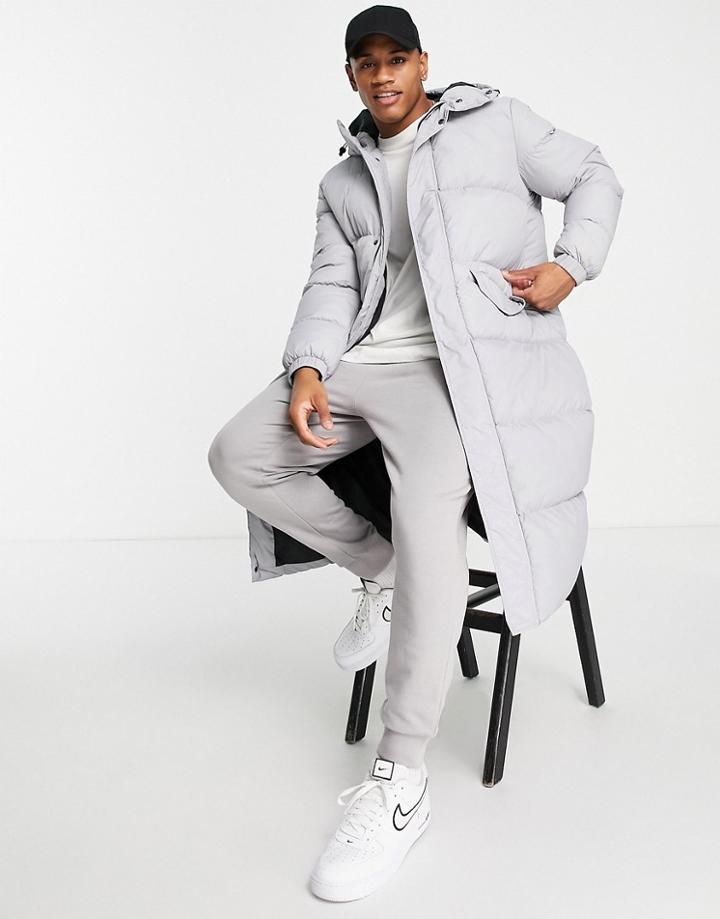 Brave Soul Long Line Puffer Coat With Hood In Ice Gray-grey