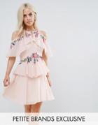 Frock And Frill Petite Floral Embroidered Cold Shoulder Tiered Mini Dress With Open Back Detail - Pink