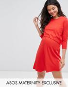 Asos Maternity Nursing 3/4 Sleeve Asymmetric Dress With Double Layer - Red