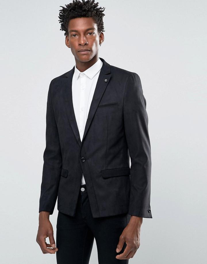 Asos Skinny Blazer In Suedette In Black - Black