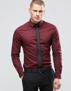 Asos Skinny Shirt In Burgundy With Long Sleeves And Black Tie Set Save 15% - Burgundy