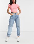 Asos Design High Rise 'slouchy' Mom Patchwork Jeans In Midwash-blues
