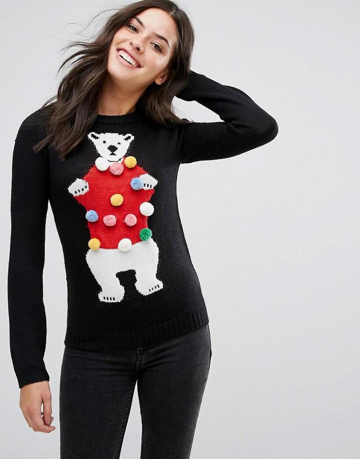 Brave Soul Novelty Polar Bear Sweater With Pom Poms - Black