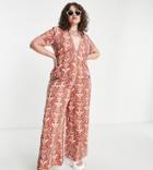 Asos Design Curve Twill Collar Jumpsuit With Wide Leg In Retro Swirl Print-multi