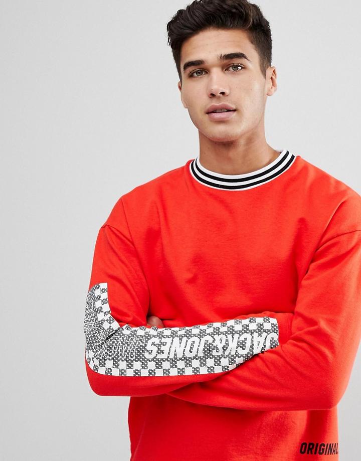 Jack & Jones Originals Long Sleeve T-shirt With Checkerboard Sleeve Print - Red