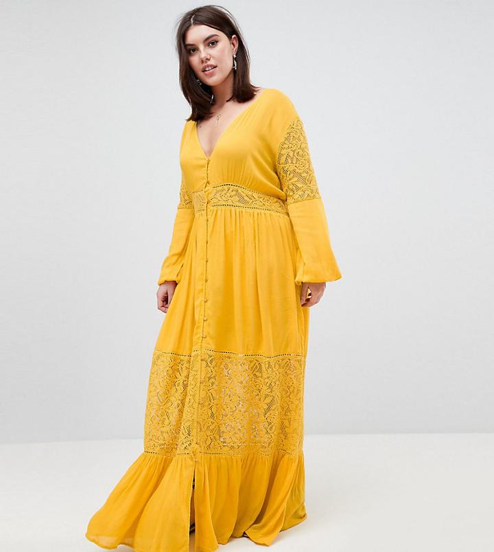 Boohoo Plus Lace Insert Maxi Dress - Yellow
