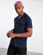Asos Design Jersey Shirt In Navy With Contrast Stitching Detail