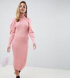Lost Ink Petite Midi Sweater Dress In Ribbed Knit - Pink