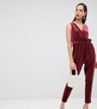 Asos Design Tall Sleeveless Wrap Jumpsuit In Velvet-pink