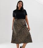 Asos Design Curve Bias Cut Satin Midi Skirt In Leopard Print - Multi