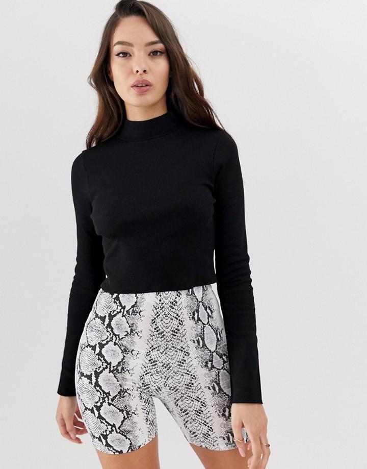 Asos Design Long Sleeve Crop Top With Turtleneck And Raw Hem In Rib In Black - Black