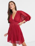Asos Design Pleated Batwing Mini Dress In Chevron Dobby In Oxblood-red