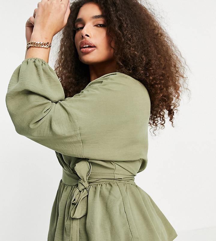 Asos Design Curve Long Sleeve Volume Wrap Front Kimono Top In Sage-no Color