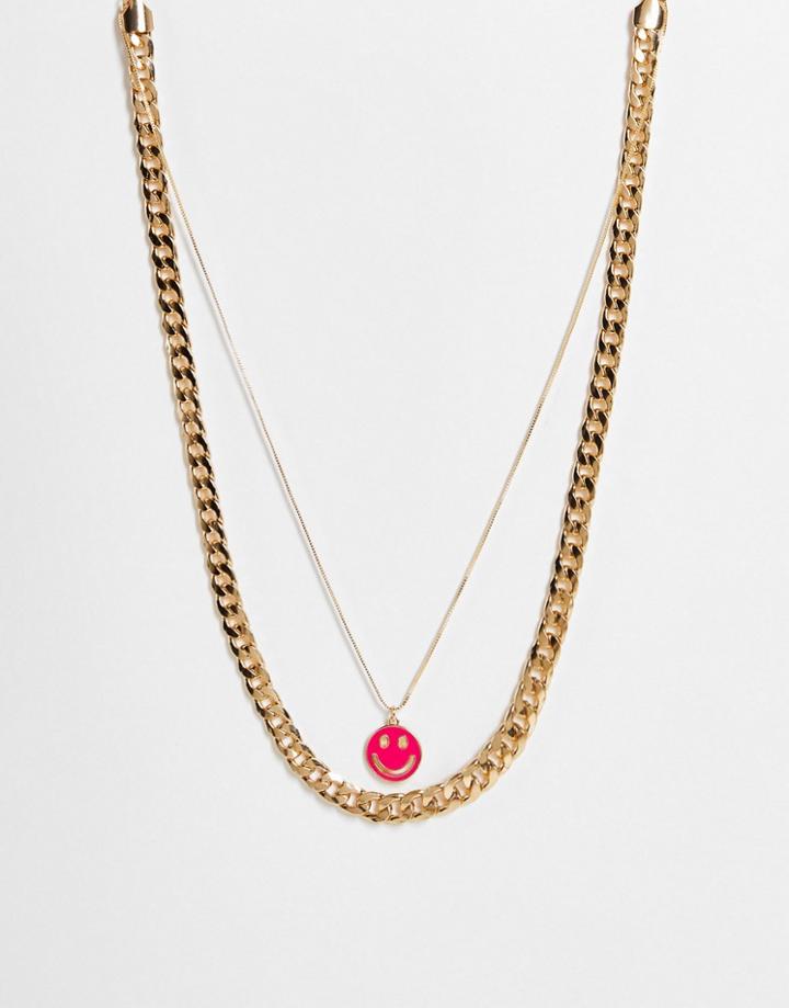 Pieces Layered Chain & Happy Face Pendant Necklace In Gold