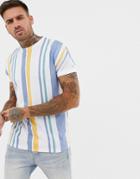 Asos Design Relaxed Vertical Stripe T-shirt With Roll Sleeve - White