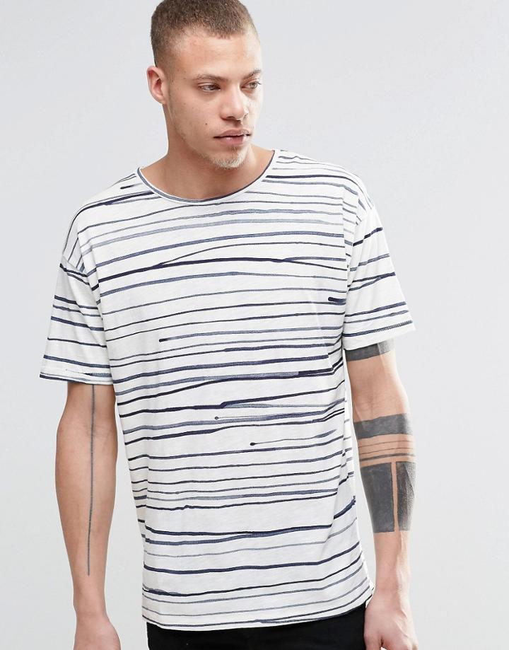 Nudie Loose T-shirt Rain Stripes Print In Off White/blue - White