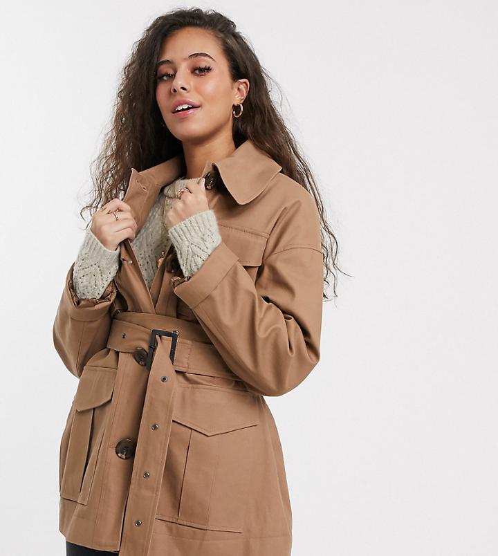 Asos Design Petite Utility Trench Jacket In Stone