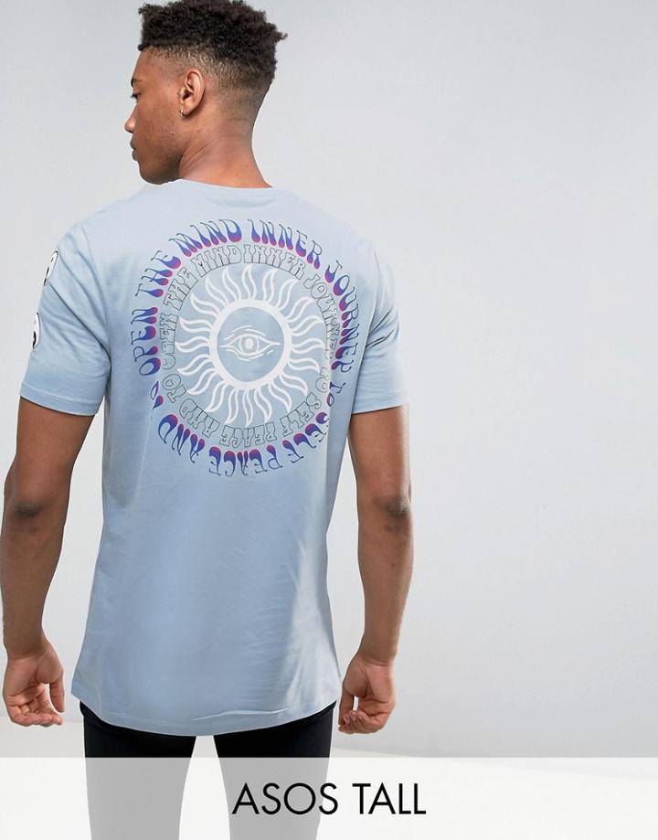 Asos Tall Longline T-shirt With Yin Yang Sleeve & Back Print - Blue