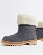 Timberland Charmonix Gargoyle Gray Leather Pull On Ankle Boots With Faux Fur Fold Down - Gray