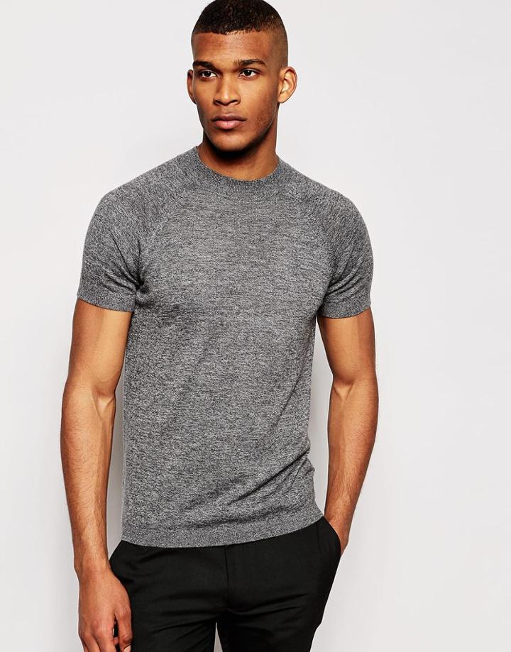 Asos Muscle Fit Knitted T-shirt In Merino Wool Mix - Charcoal Marl