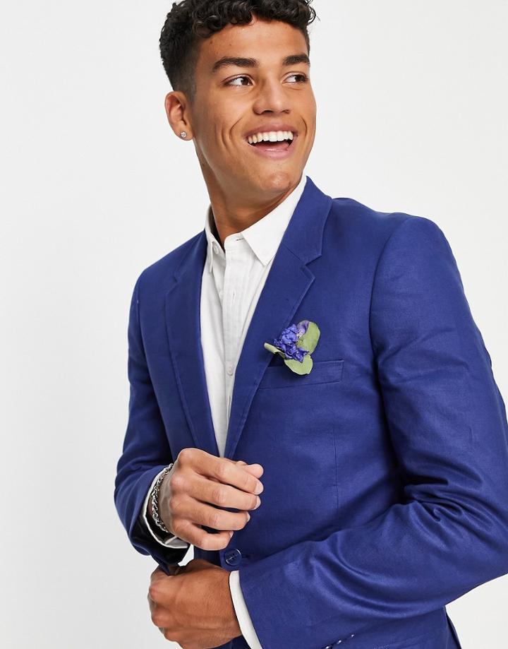 Asos Design Wedding Skinny Suit Jacket In Navy Linen Mix