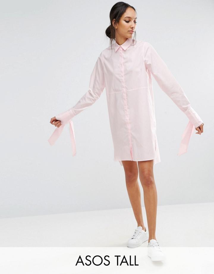 Asos Tall Cotton Shirt Dress With Oversized Cuff & Bow Detail - Pink