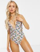 Missguided Halterneck Frill Detail Swimsuit In Floral Print-multi
