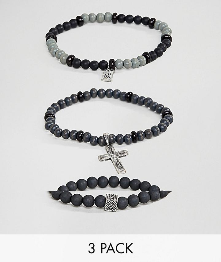 Icon Brand Black Beaded Bracelets With Cross Charm In 3 Pack - Black