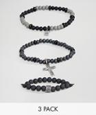 Icon Brand Black Beaded Bracelets With Cross Charm In 3 Pack - Black