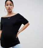 Asos Design Maternity Off Shoulder Top With Short Sleeve In Drapey Fabric In Black - Black